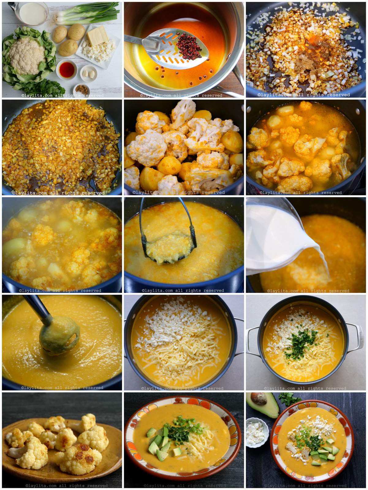 Photos de préparation étape par étape de la soupe crémeuse au chou-fleur et pommes de terre équatorienne