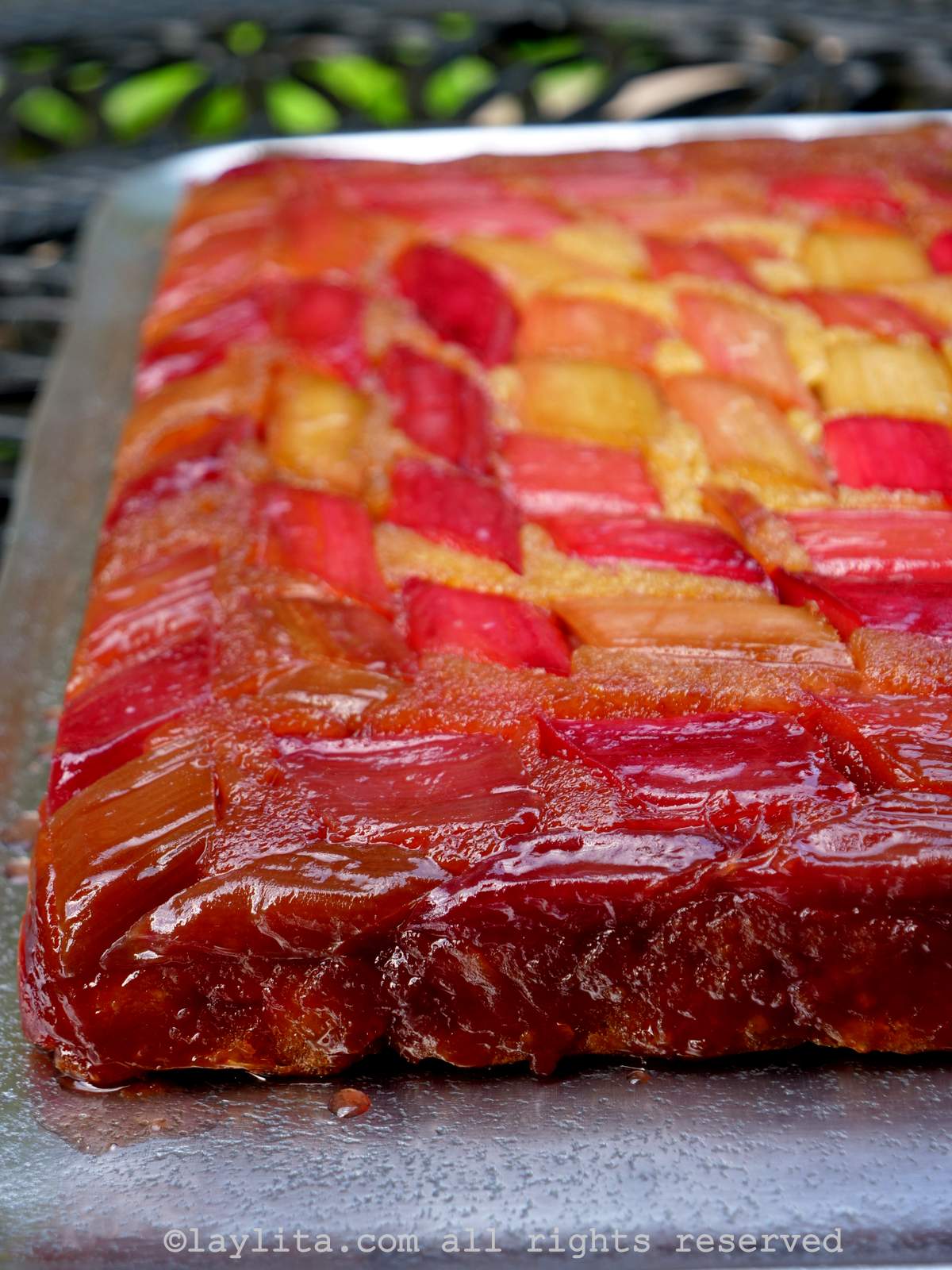 Vue de côté d'un gâteau rectangulaire à la rhubarbe renversé, présenté sur un plat en argent.