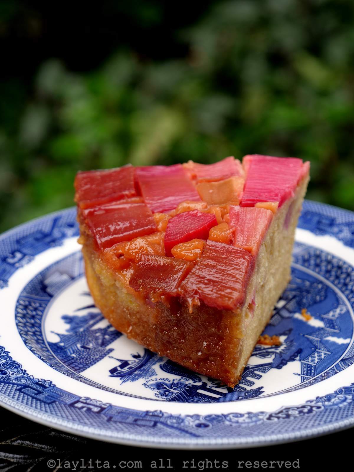 Vue de côté d'une part de gâteau renversé à la rhubarbe sur une assiette bleue