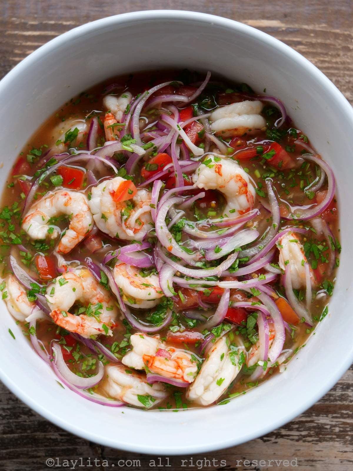 Traditional Ecuadorian shrimp ceviche made with poached shrimp, tomatoes, onions, lime juice, and cilantro in a white bowl