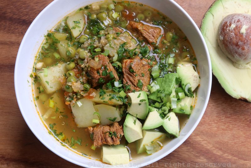 Quinoa and beef soup with avocado
