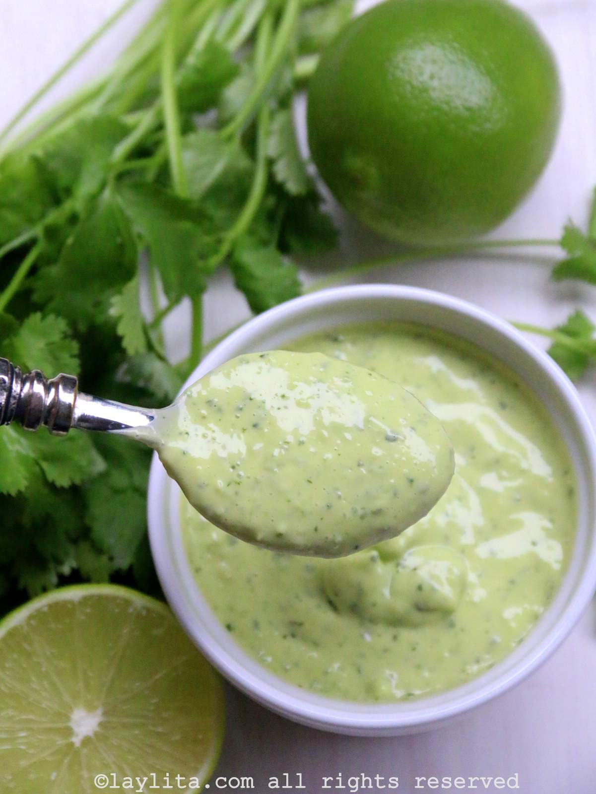 A spoonful of homemade cilantro aioli sauce