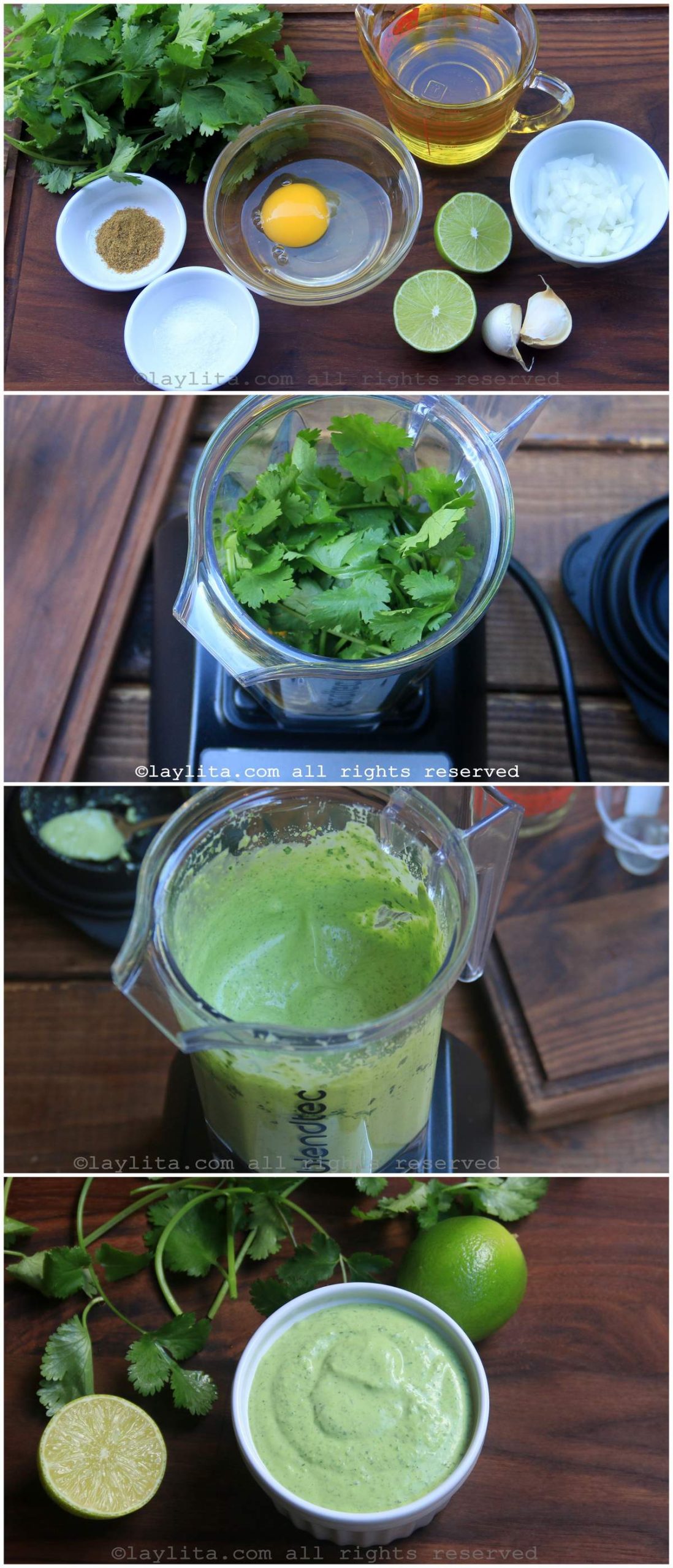 Ingredients and step by step photos for cilantro aioli mayonnaise using the blender
