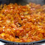 Simple refrito or sofrito made with diced onion, garlic, cumin, achiote, salt and oil