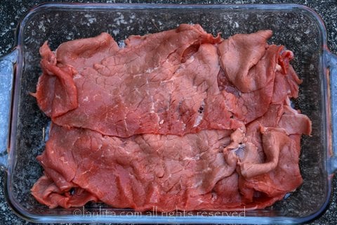 Thinly sliced beef for carne asada