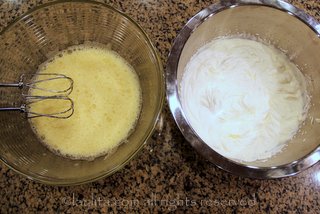 Mix the eggs with the honey in a bowl, and the whipping cream in a separate bowl
