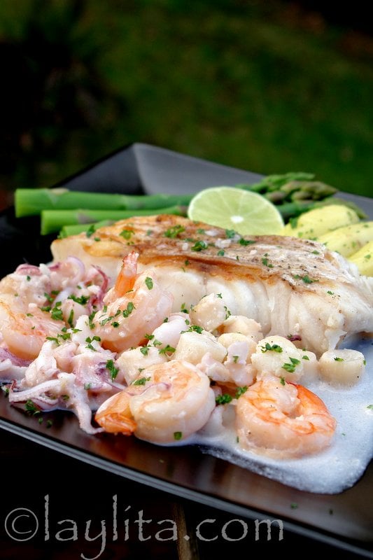 Grilled fish with seafood sauce recipe