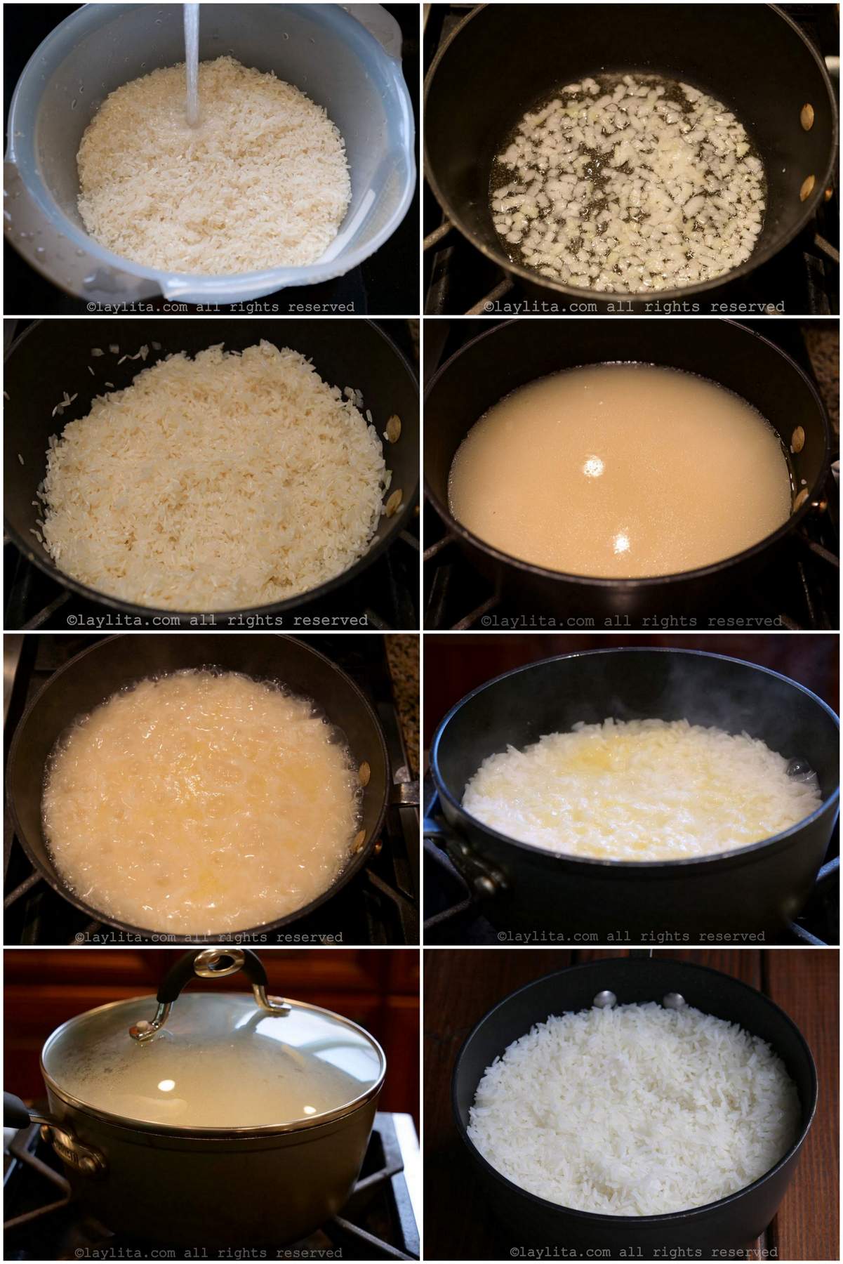 Step by step preparation photos for Ecuadorian and Latin style white rice