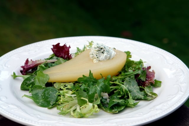 Poached pear and goat cheese salad