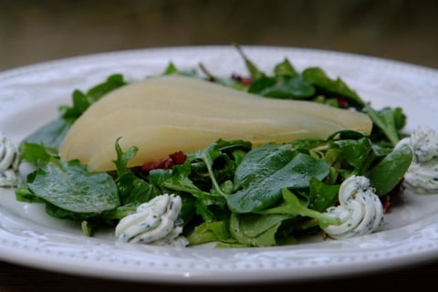 Poached pear and goat cheese salad