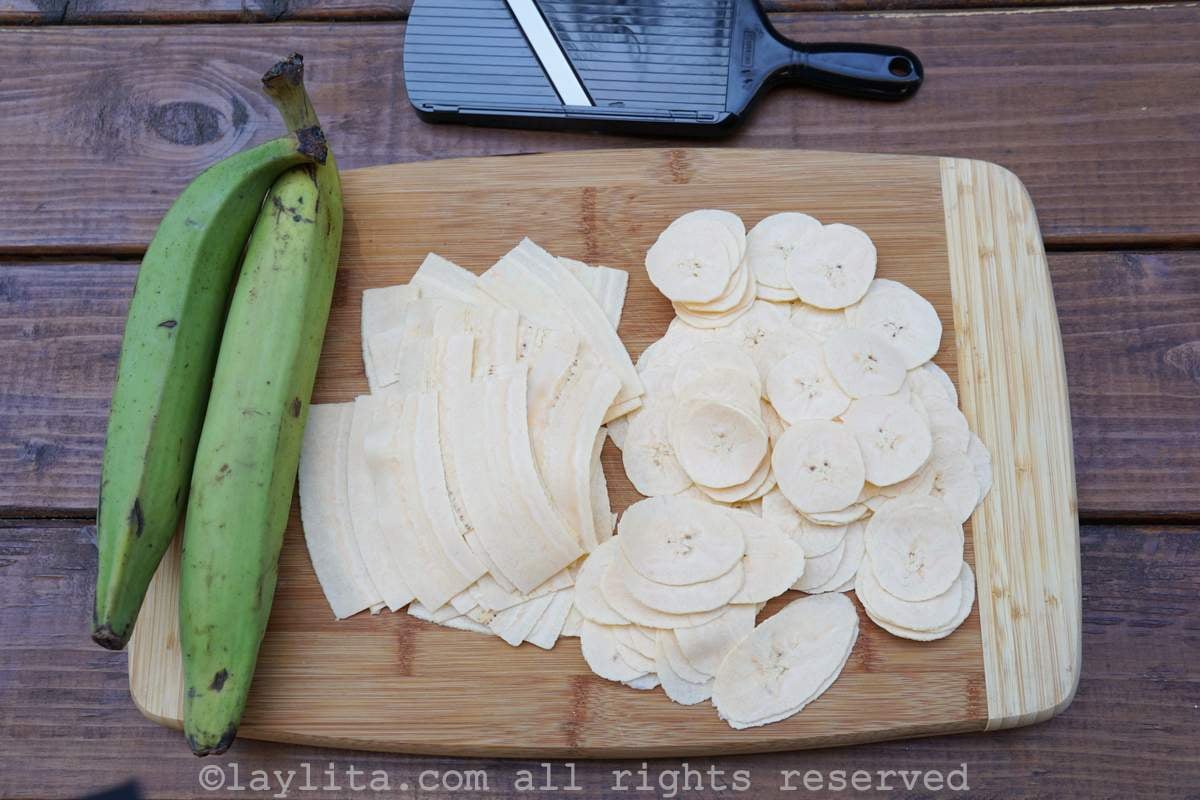 Homemade chifles or thin fried green plantain chips