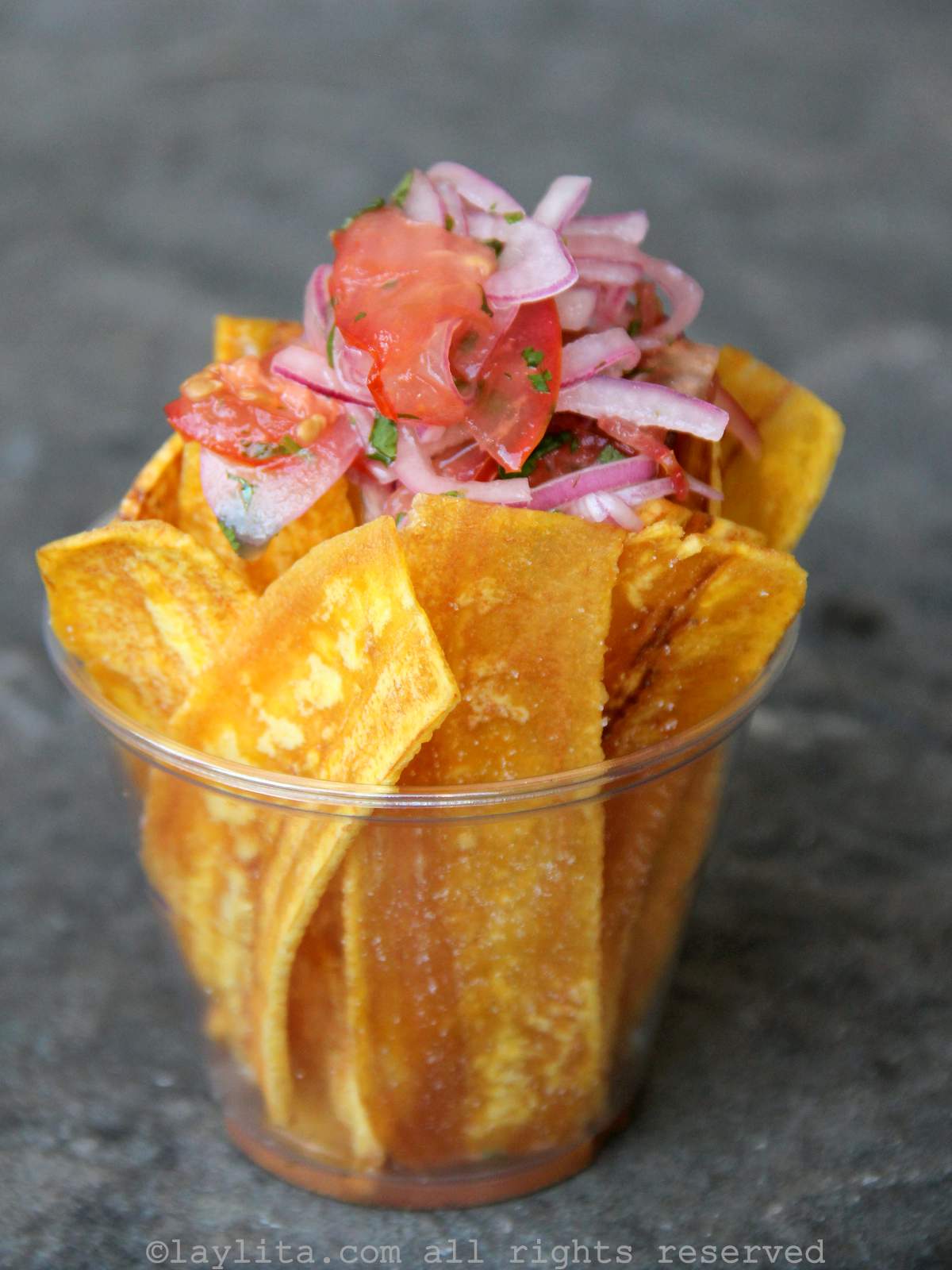 Thin fried green plantain chips or chifles - topped wiht tomato onion curtido salsa