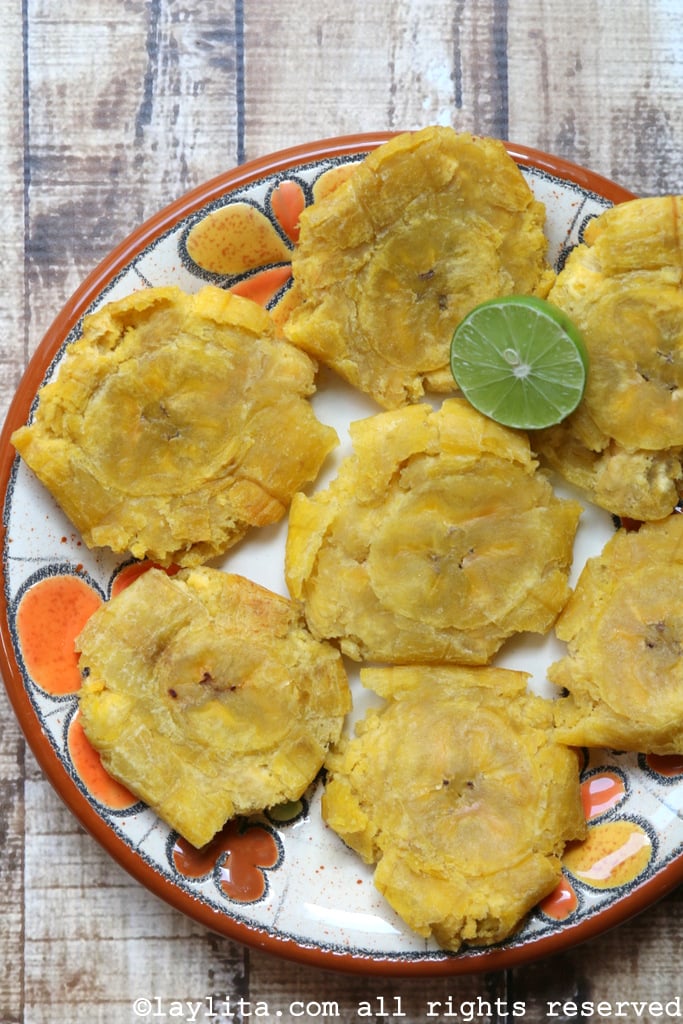 Homemade tostones or patacones plantain chips
