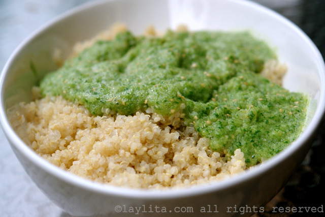 Mix the tomatillo sauce with the cooked quinoa