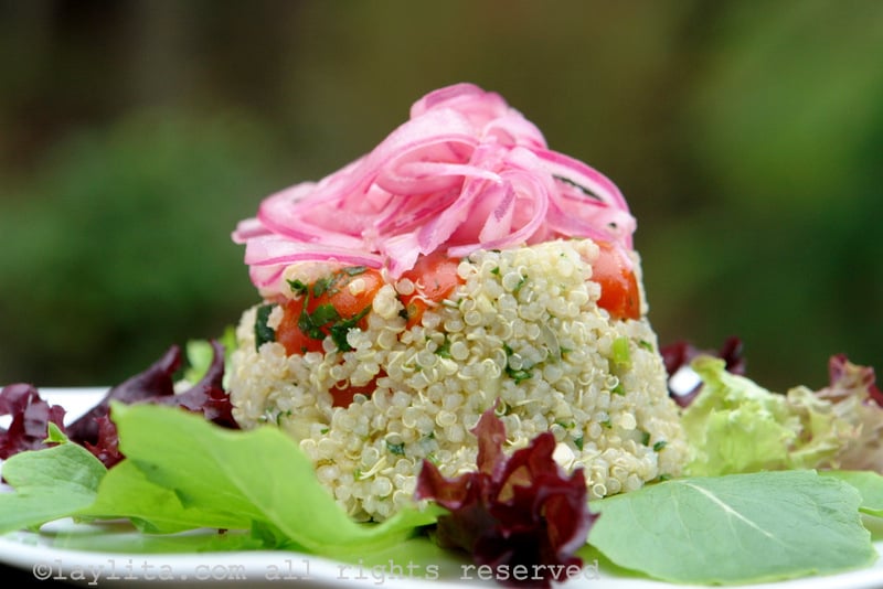Quinoa salad with red pickled onions