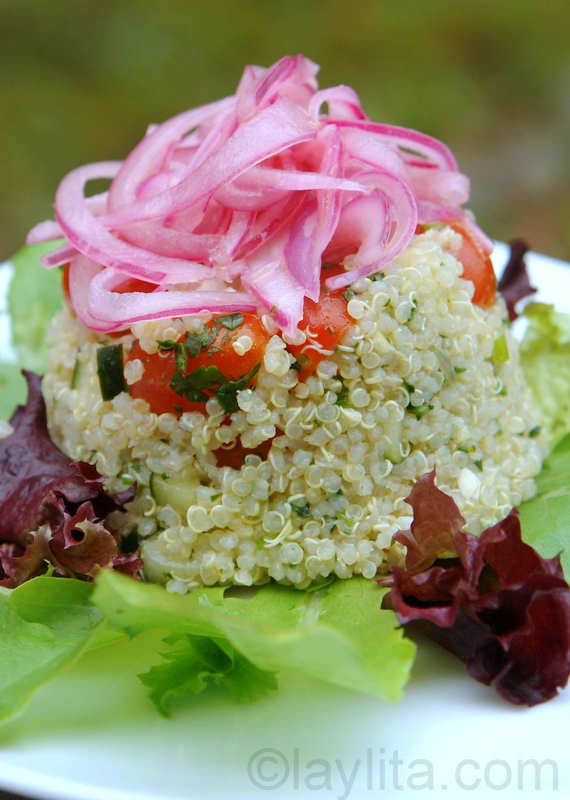 Quinoa salad with tomatoes, cucumbers and pickled red onions