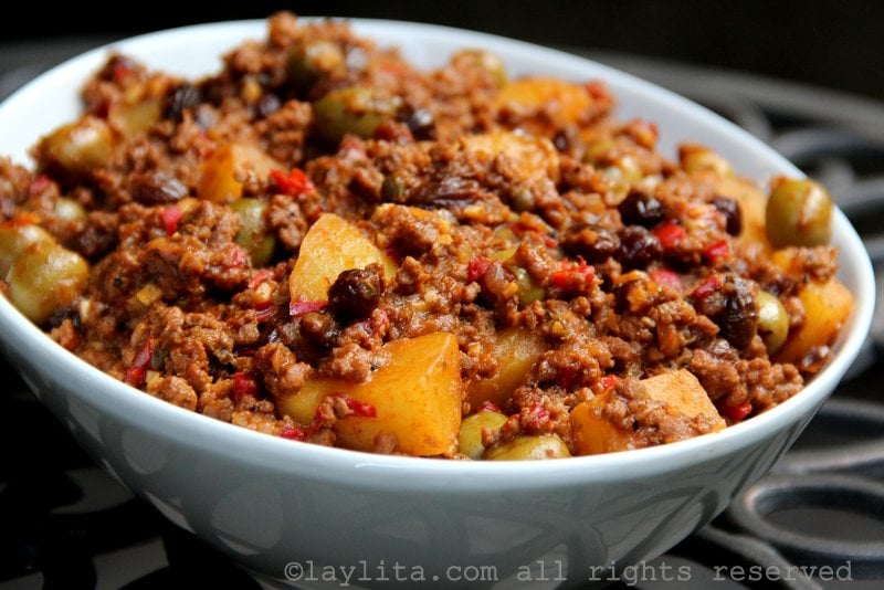 Ground beef picadillo with potatoes