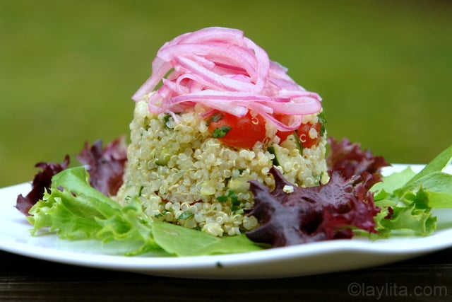 Quinoa salad with pickled red onions