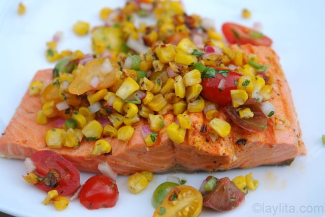 Grilled salmon with corn salsa