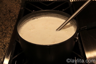 3 - Add egg yolk mix to milk and cook until the milk starts to thicken