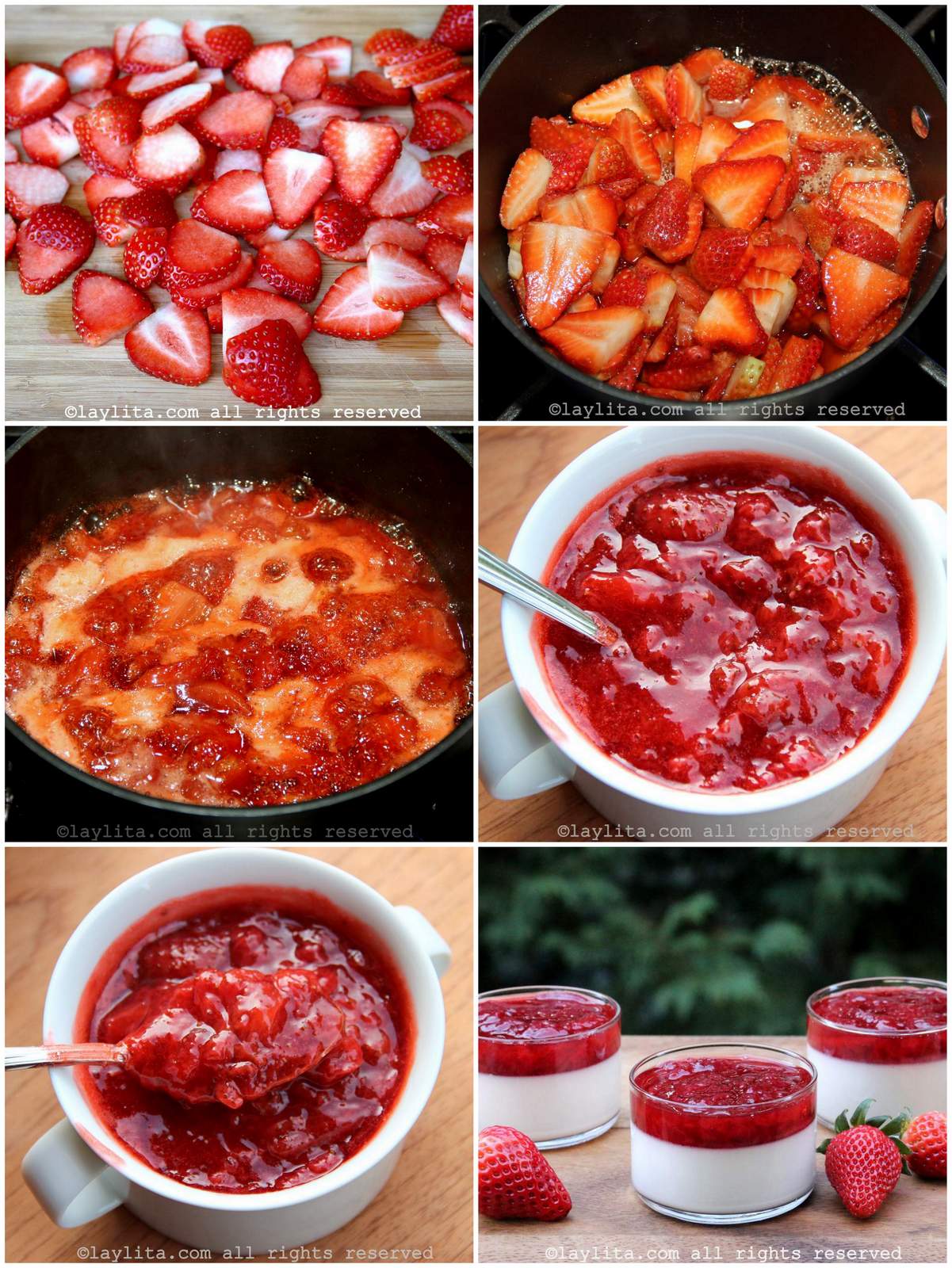 Collage of the step by step preparation process photos for homemade strawberry sauce