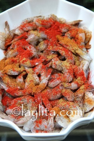 Shrimp with achiote or annatto, cumin, and chili powder