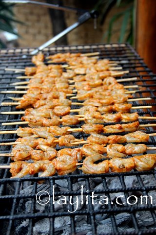 Grilling shrimp skewers at a summer BBQ