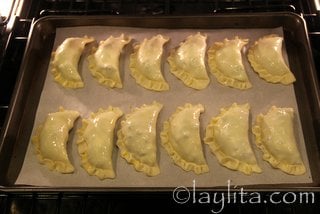 Brush the empanadas with the egg wash and bake at 400F for 15-20 minutes
