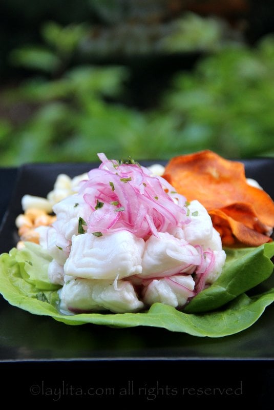 Ceviche de poisson, style péruvien servi sur une feuille de salade
