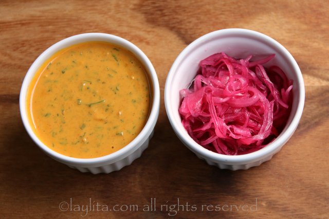 Serve the sweet potato patties with peanut sauce and pickled red onions