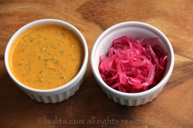 Peanut sauce and pickled red onions to top the sweet potato patties
