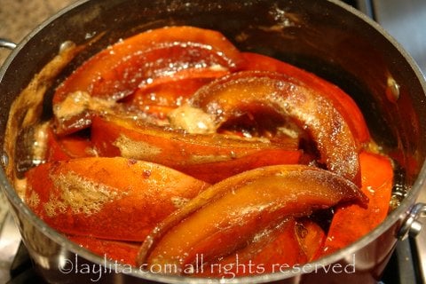 Cook the pumpkin in the spiced piloncillo syrup Cook the pumpkin in the spiced piloncillo syrup