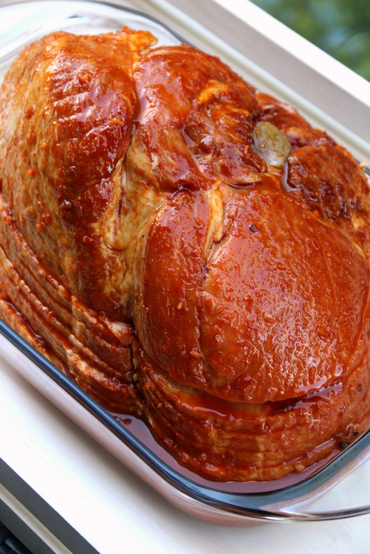 Ham with orange chipotle sauce before baking