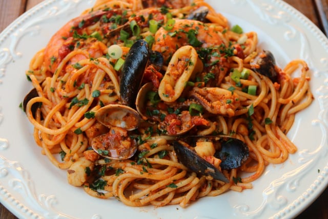 Latin style seafood spaghetti