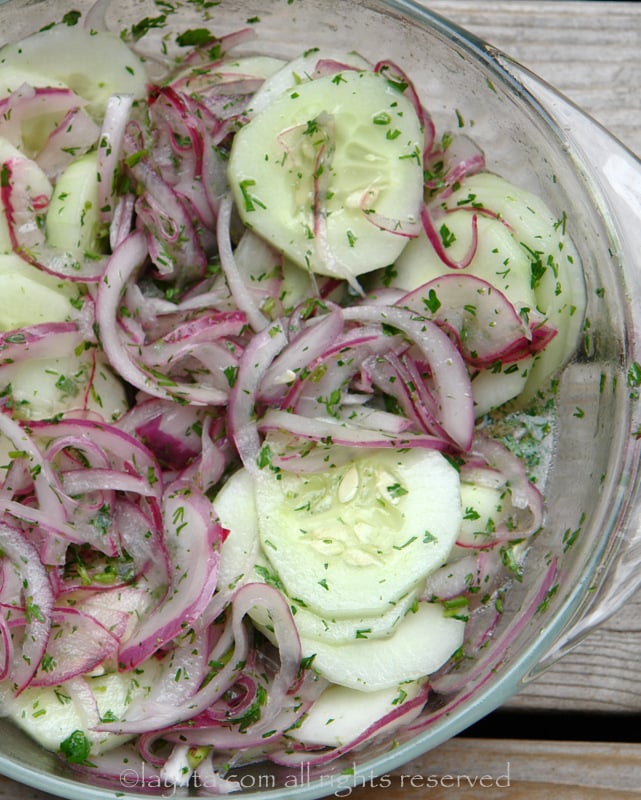 Cucumber salad with onions, lime and cilantro