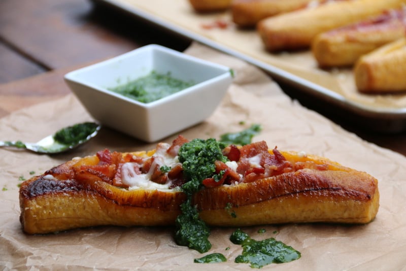 Baked ripe plantains with bacon and aji criollo