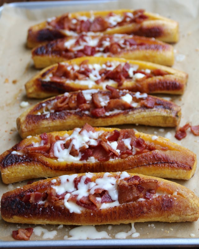 Baked ripe plantains with bacon and cheese