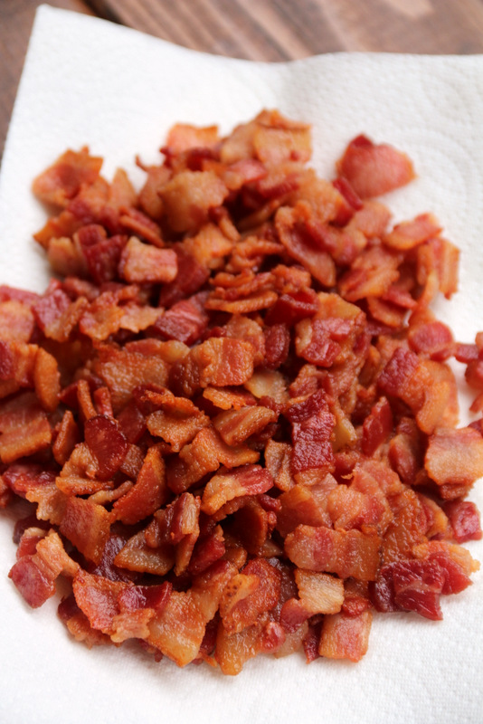 Crispy bacon pieces to use as a filling for ripe plantains