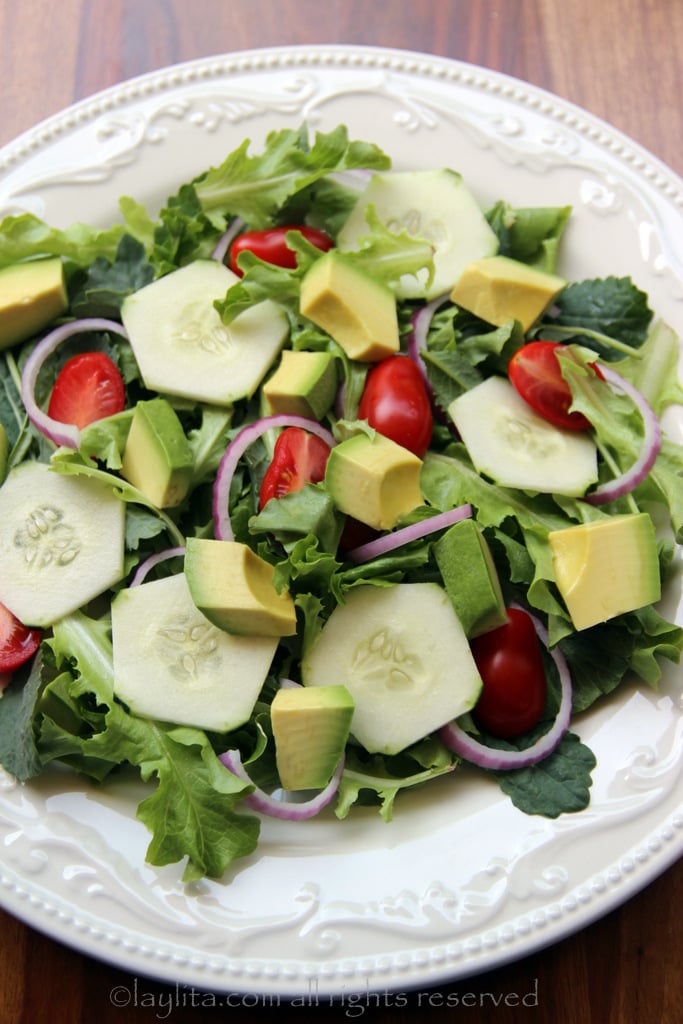 Mixed greens, cucumbers, onions, tomatoes and avocado