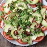 Simple salad with tomato, avocado, and onion