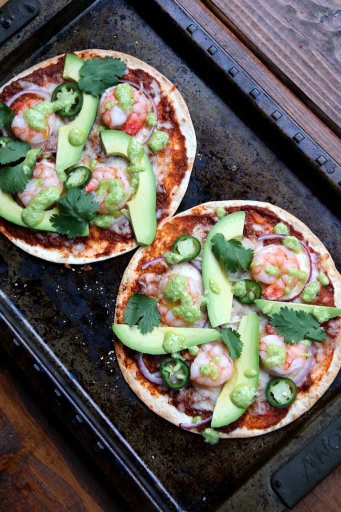 Tortilla pizza with shrimp, avocado, jalapenos, and cilantro
