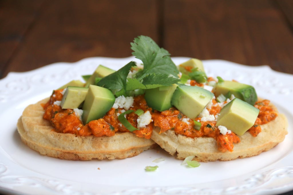 Waffles with creamy tomato scrambled eggs