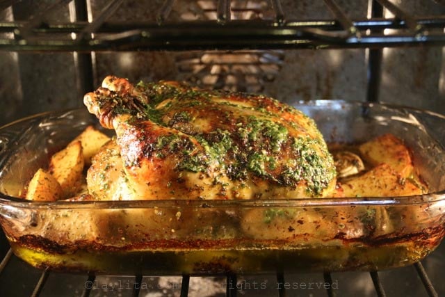 Lower the heat to 400, baste the chicken and continue baking for another 50-60 minutes.