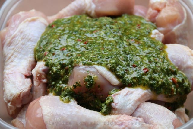 Marinate or rub the chimichurri sauce on the chicken pieces