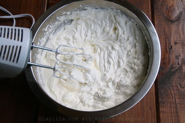 To make the whipped cream, combine the heavy cream, honey, vanilla and lemon zest in a bowl and beat until you have stiff peaks.
