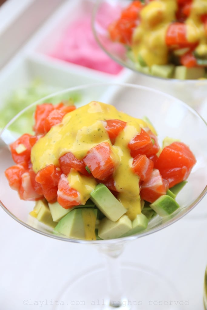 Avocado and salmon tartare with mango habanero sauce