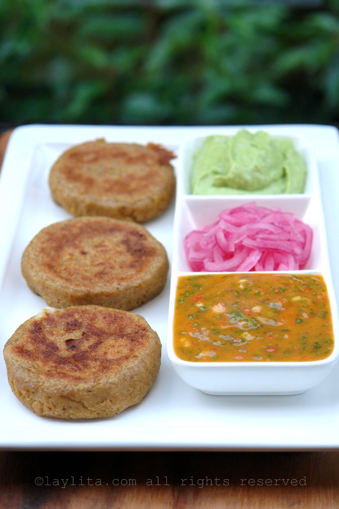 Green plantain patties with dipping sauces