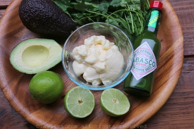 Ingredients for avocado and cilantro mayonnaise sauce