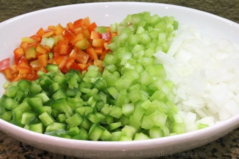 Diced onions, bell peppers and celery Diced onions, bell peppers and celery