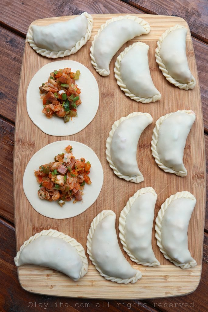 Langostino and Andouille sausage empanada assembly